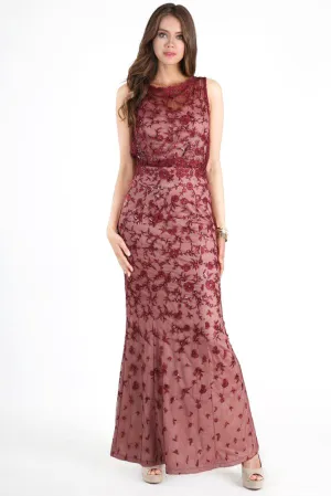Burgundy Sequin Embroidered Blouson Dress