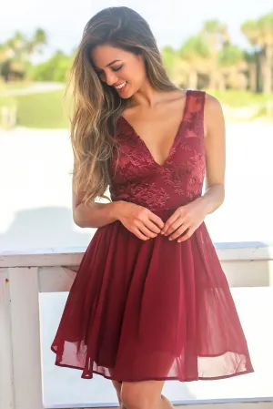 Burgundy Short Dress with Embroidered Top