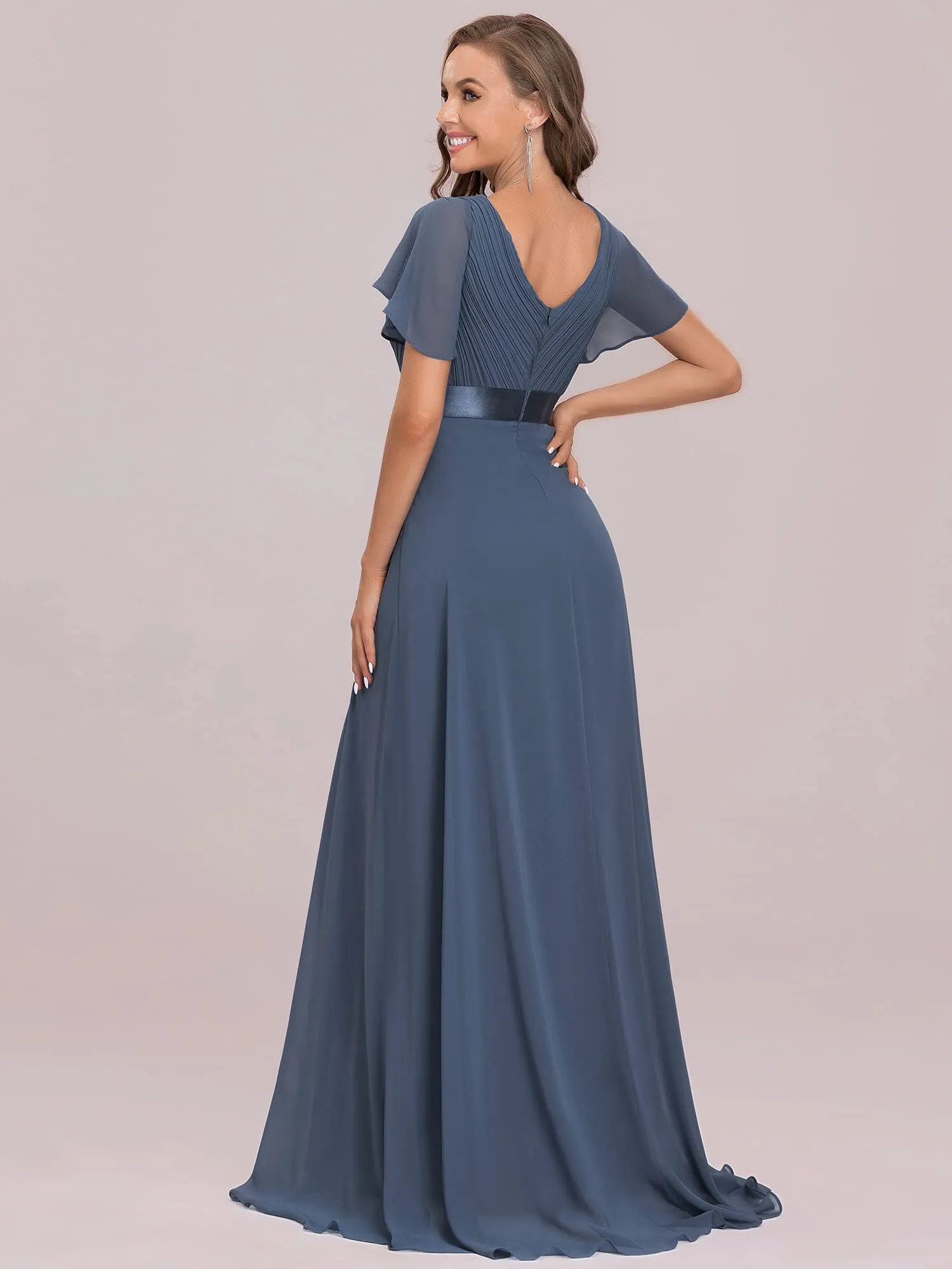 Burnt Orange Ladies Double V-Neck Short Flutter Sleeves Empire Waist Elegant Chiffon Long Evening Dresses - Ever-Pretty