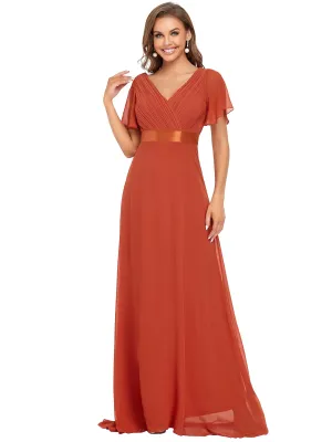 Burnt Orange Ladies Double V-Neck Short Flutter Sleeves Empire Waist Elegant Chiffon Long Evening Dresses - Ever-Pretty