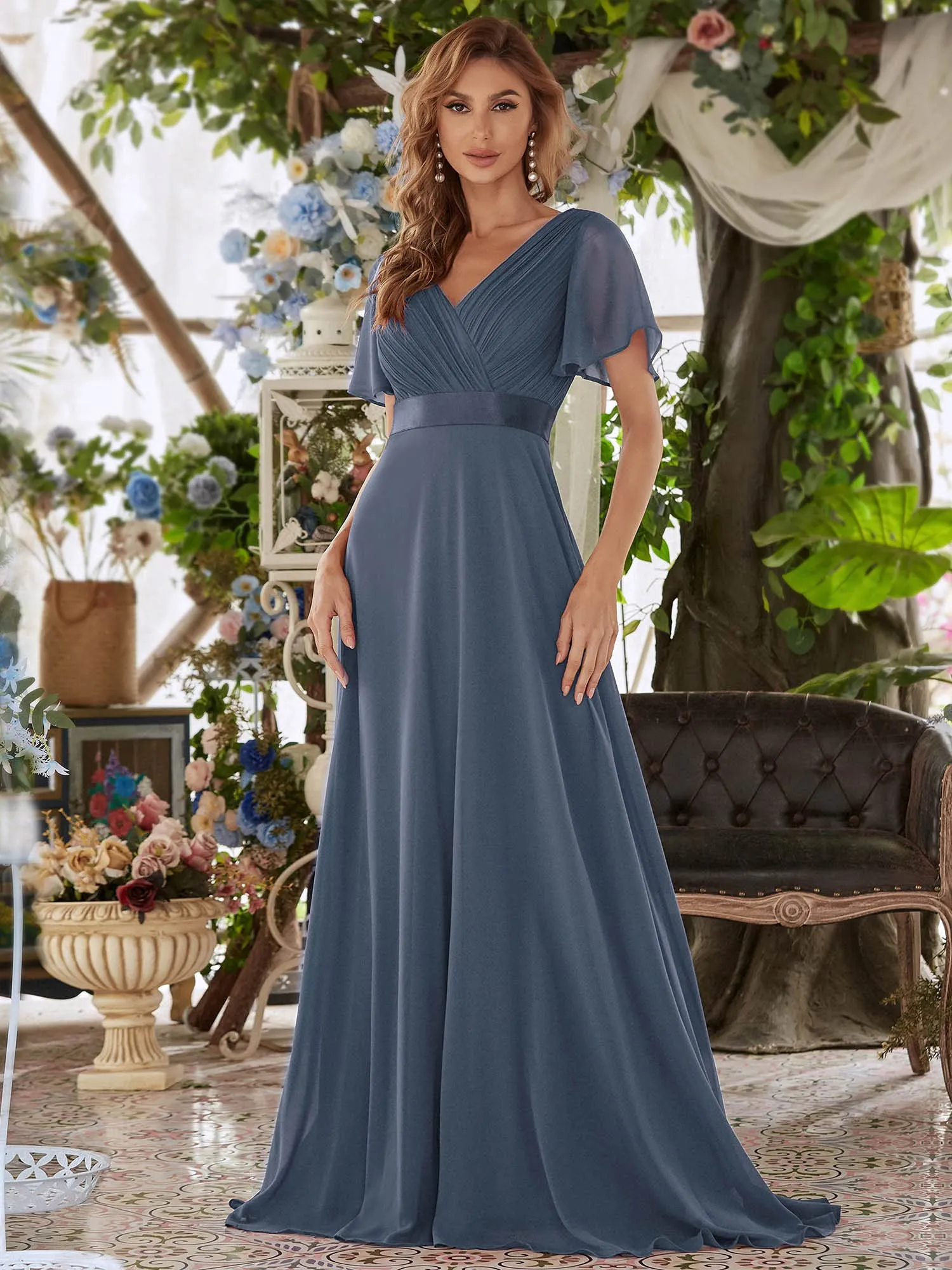 Burnt Orange Ladies Double V-Neck Short Flutter Sleeves Empire Waist Elegant Chiffon Long Evening Dresses - Ever-Pretty