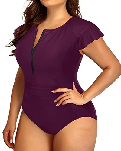 Cap Sleeves Plus Size Tummy Control One Piece Swimsuit For Women-Maroon
