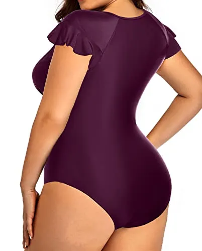 Cap Sleeves Plus Size Tummy Control One Piece Swimsuit For Women-Maroon