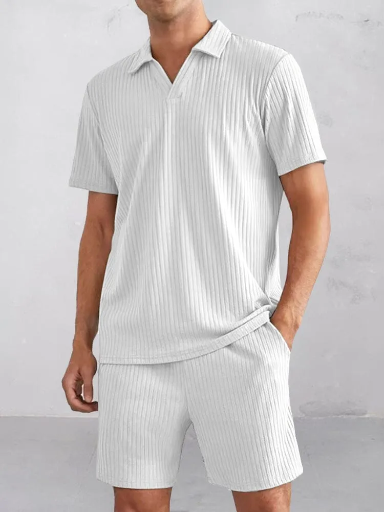 Casual Striped Textured Polo Shirt Set