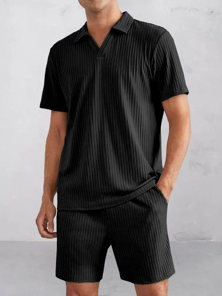 Casual Striped Textured Polo Shirt Set