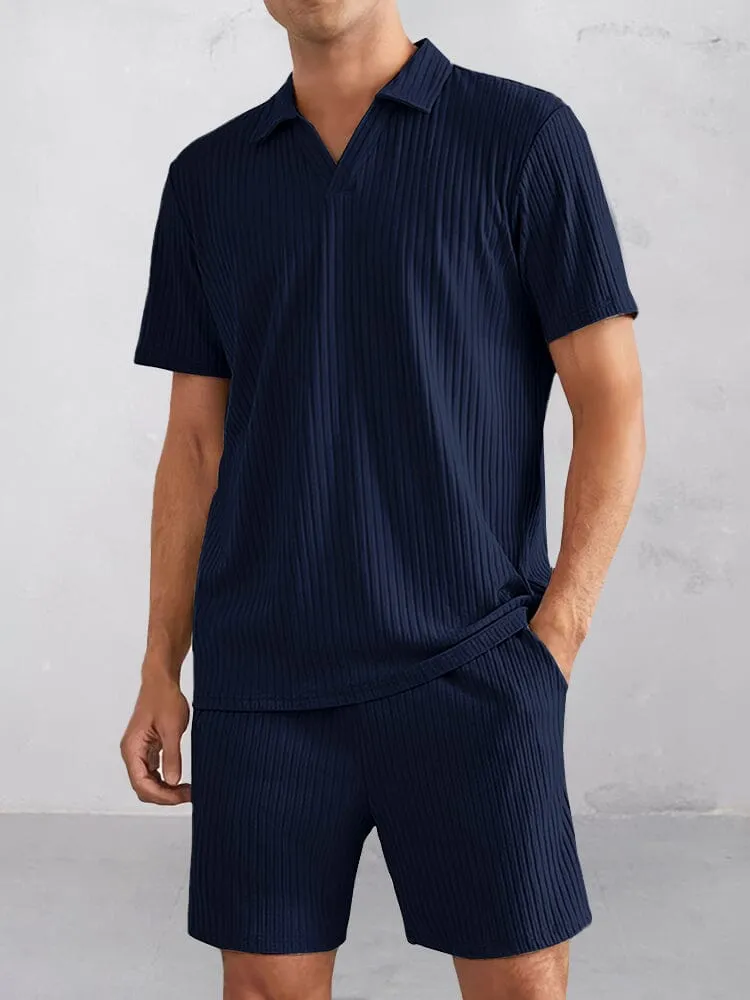 Casual Striped Textured Polo Shirt Set