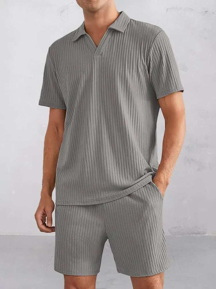 Casual Striped Textured Polo Shirt Set