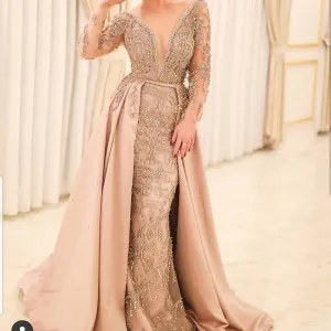Champagne prom dresses,long sleeve beading sequins detachable train crystal beading evening dresses S23375