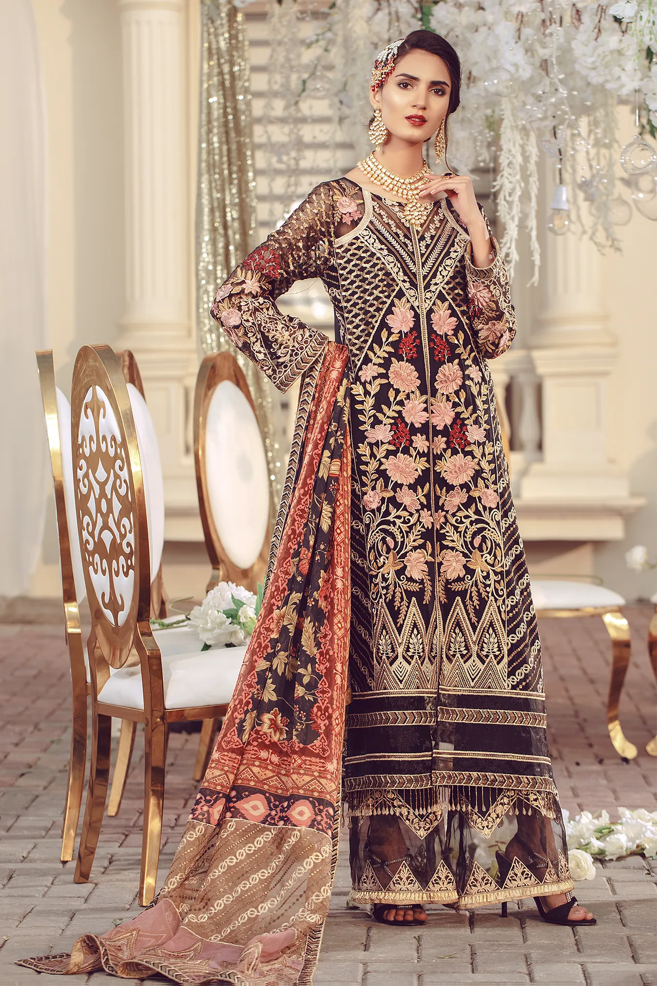 Chiffon embroidered Pakistani women formal eid dress in black color # P2493