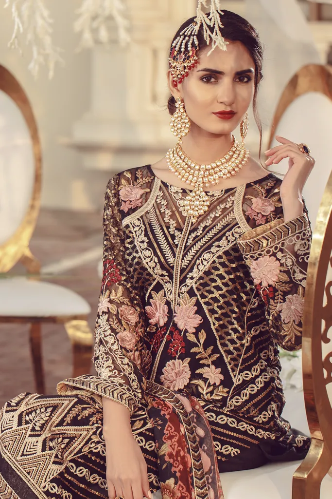 Chiffon embroidered Pakistani women formal eid dress in black color # P2493