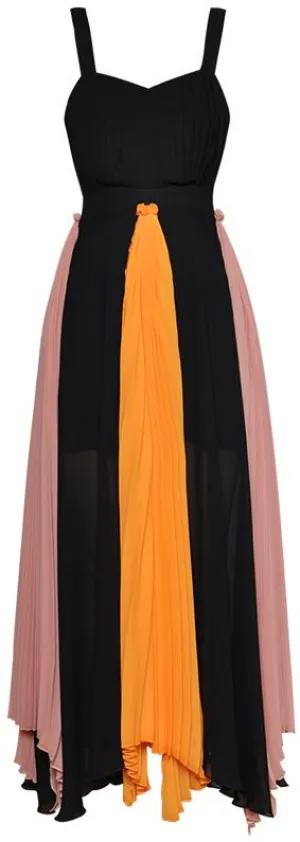 Color-Block Pleated Maxi Dress, Black