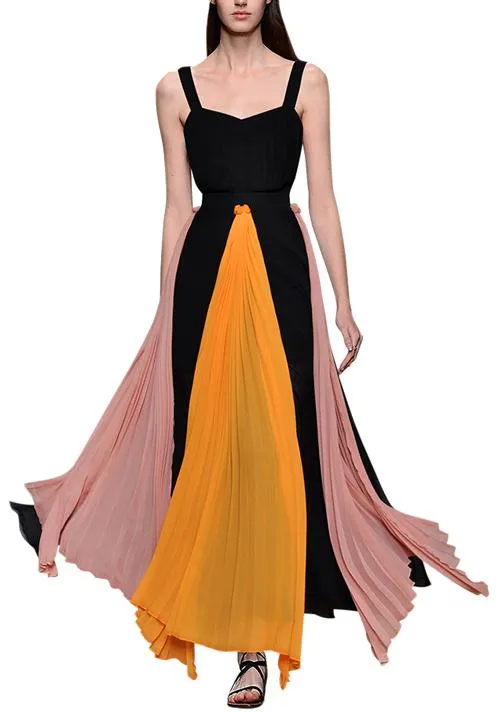 Color-Block Pleated Maxi Dress, Black