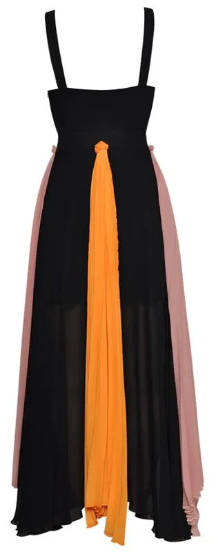 Color-Block Pleated Maxi Dress, Black
