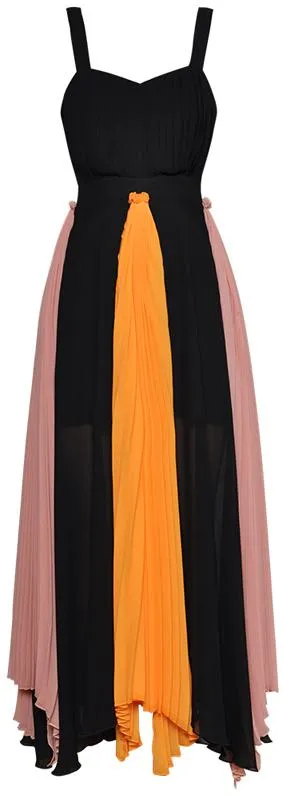 Color-Block Pleated Maxi Dress, Black
