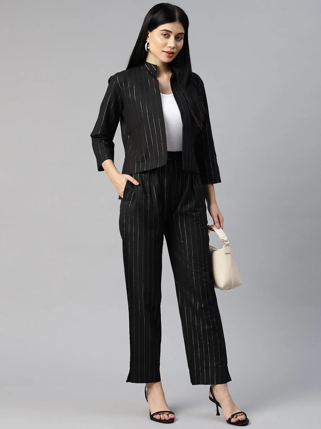 Cottinfab Women Striped Shrug and Trouser Co-Ord Set