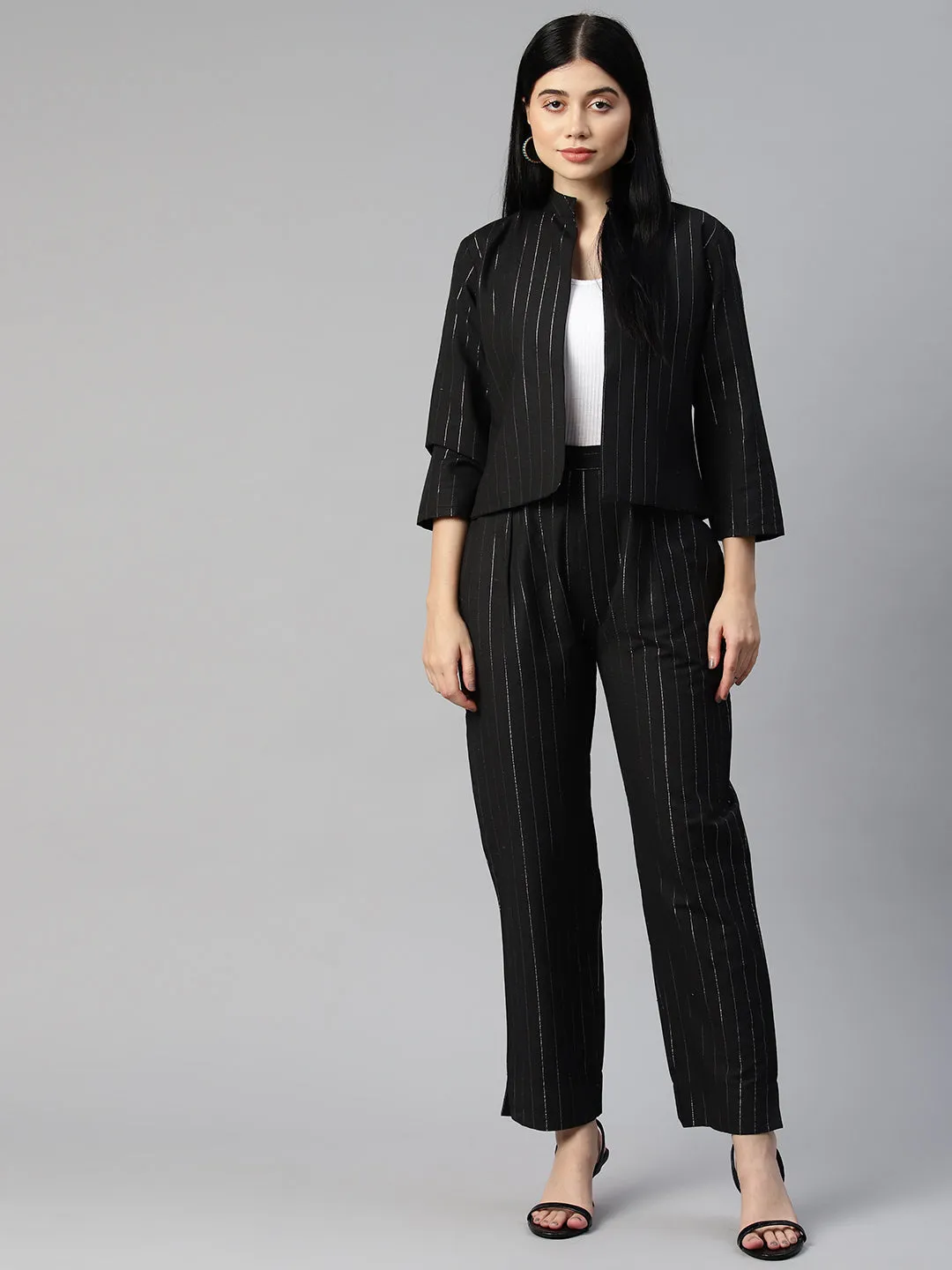 Cottinfab Women Striped Shrug and Trouser Co-Ord Set