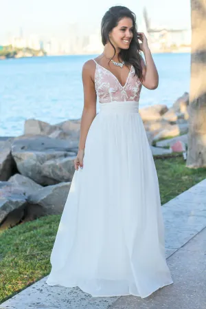 Cream Maxi Dress with Open Back and Embroidered Top