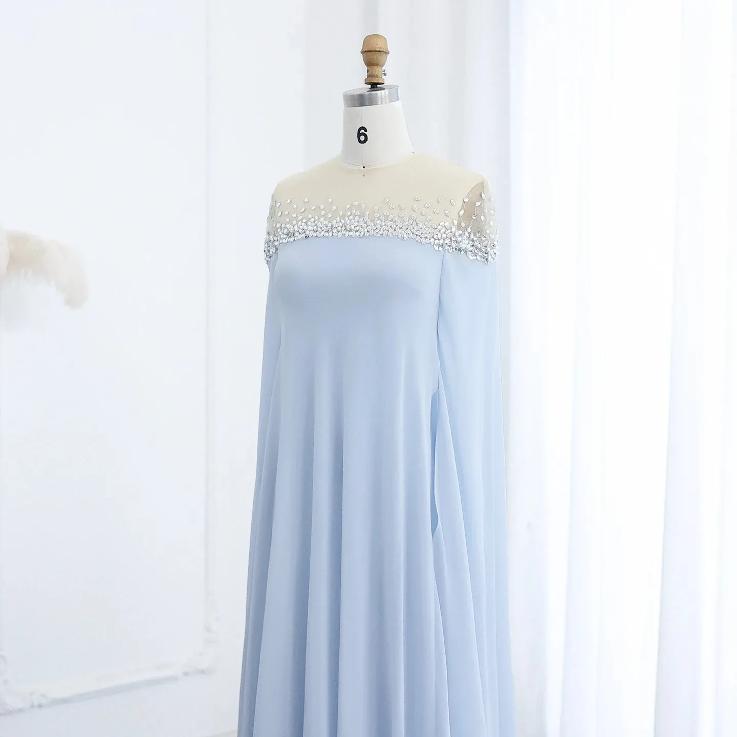 Crystal Baby Blue Evening Dress with Cape| Kaftan Gowns| Customized