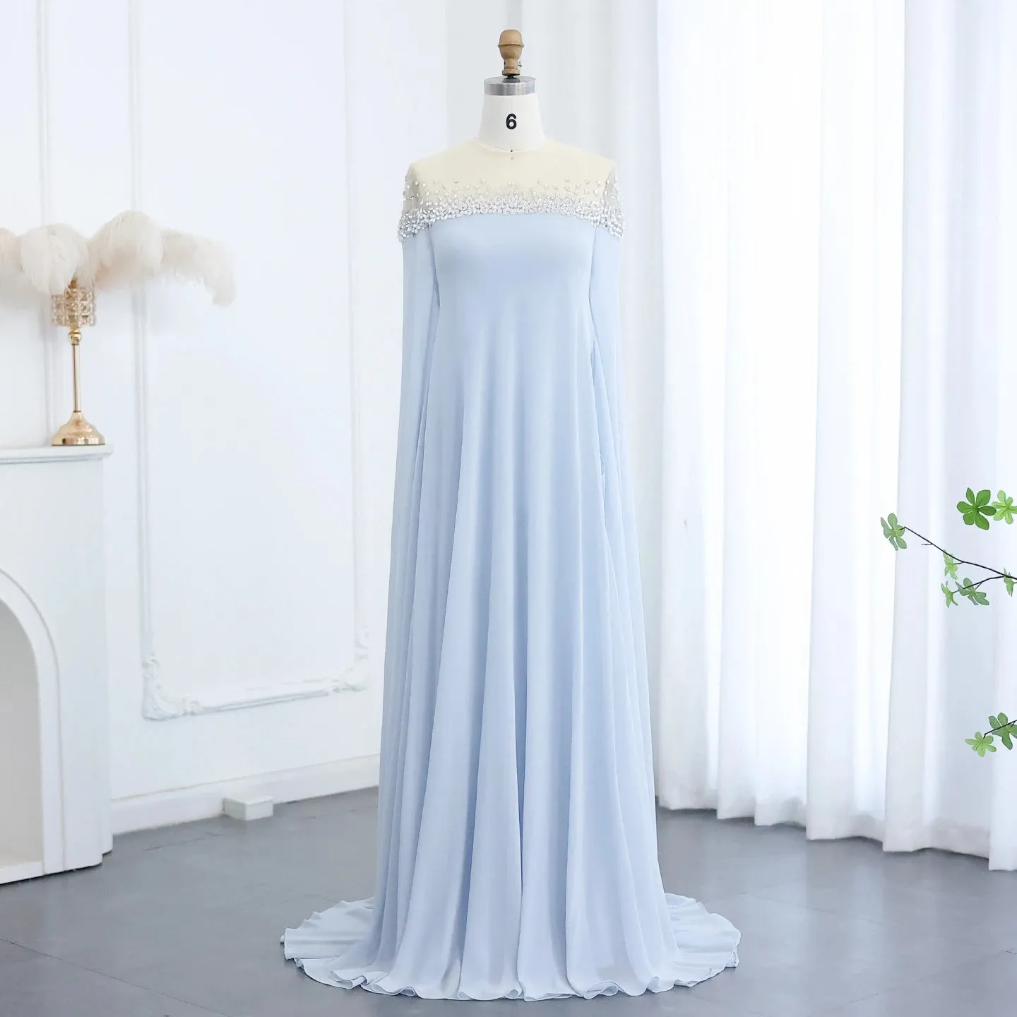 Crystal Baby Blue Evening Dress with Cape| Kaftan Gowns| Customized