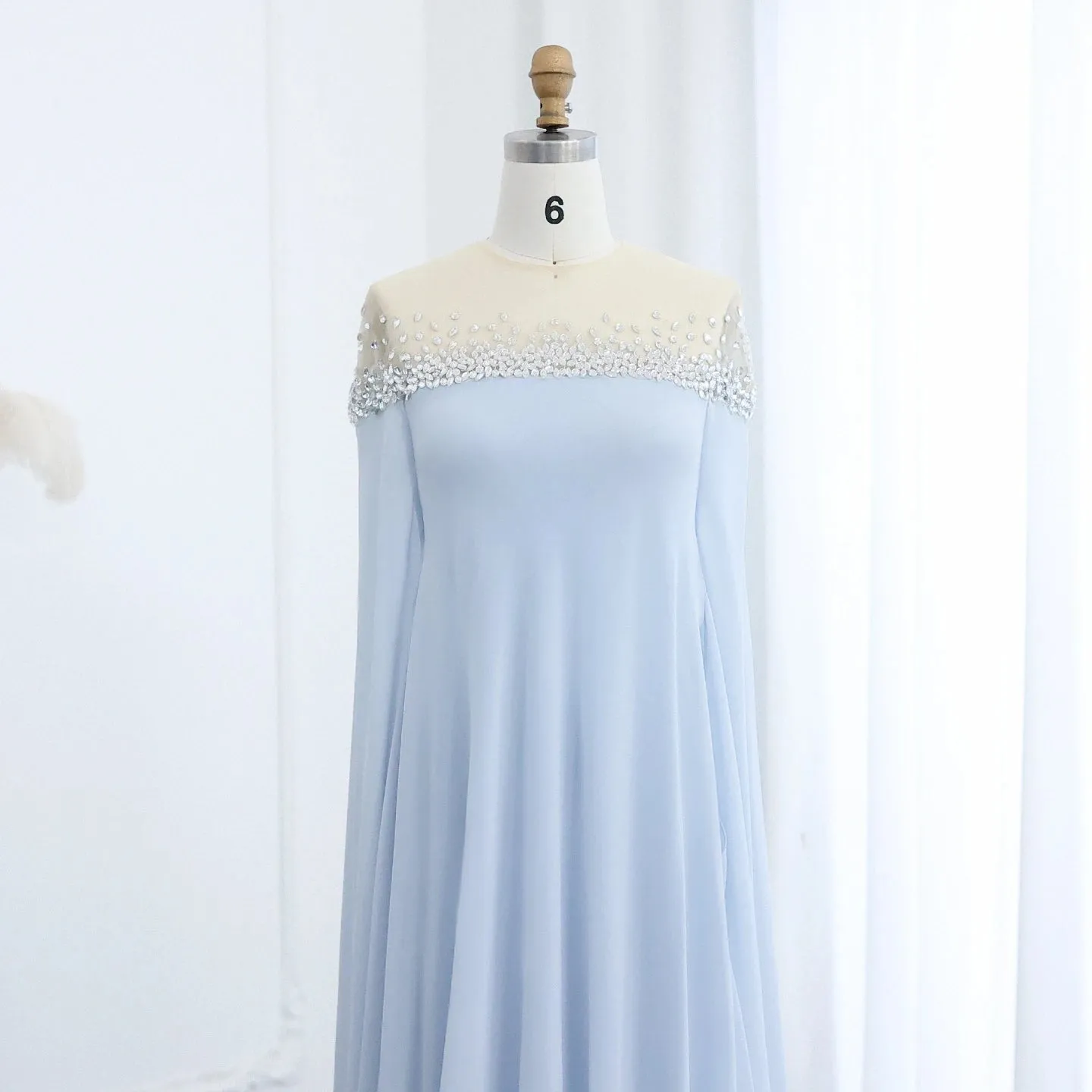 Crystal Baby Blue Evening Dress with Cape| Kaftan Gowns| Customized