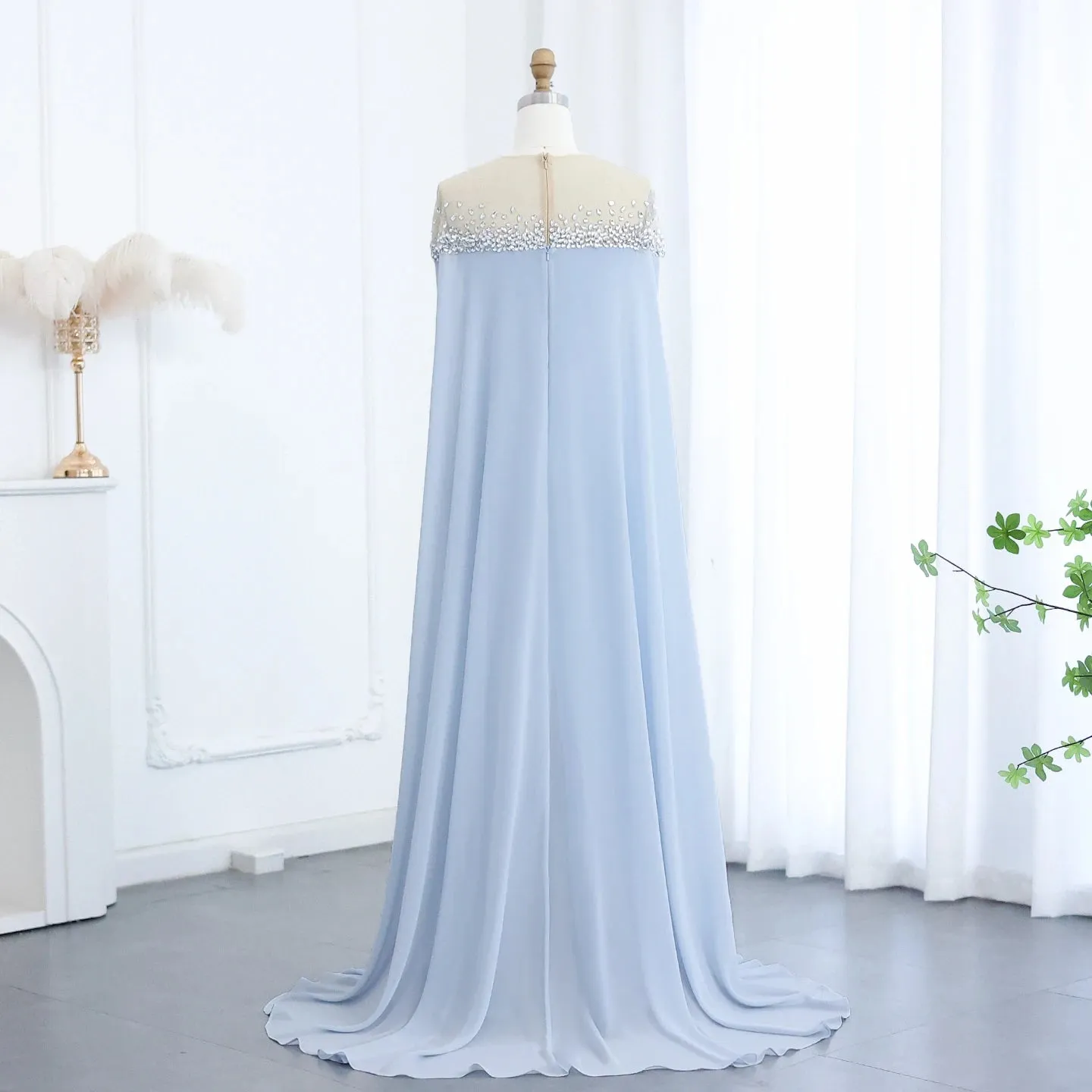 Crystal Baby Blue Evening Dress with Cape| Kaftan Gowns| Customized