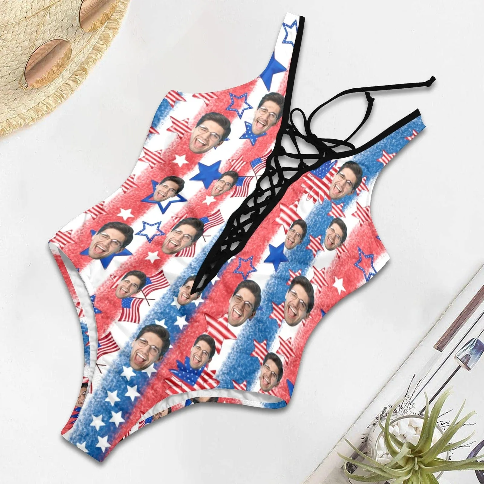 Custom Face American Flag Style Women's Sexy One Pieces Swimsuit Lace Up Deep V Bathing Suit Beachwear