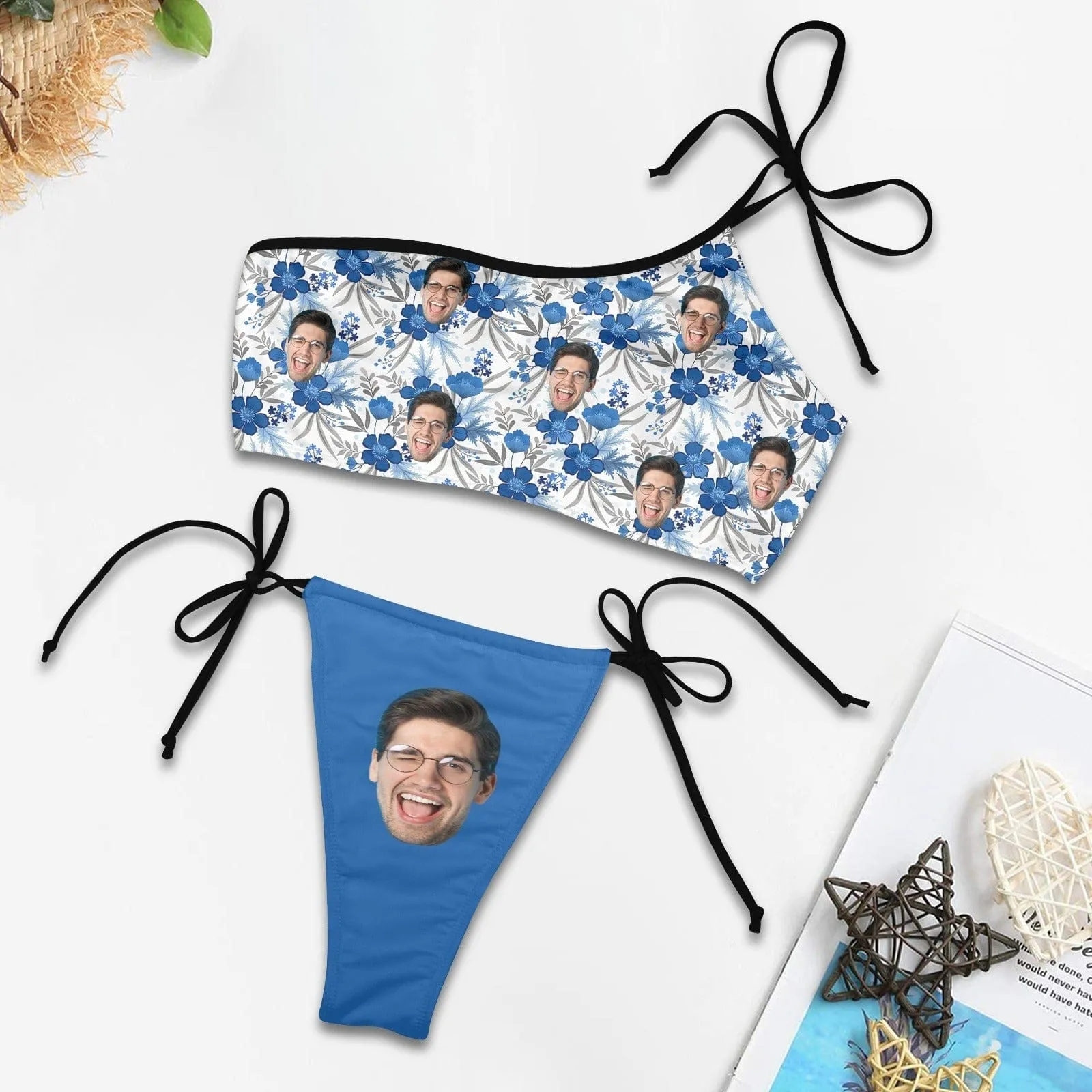 Custom Face Blue Flowers Bikini Set Personalized Women's Off-Shoulder String Swimsuit