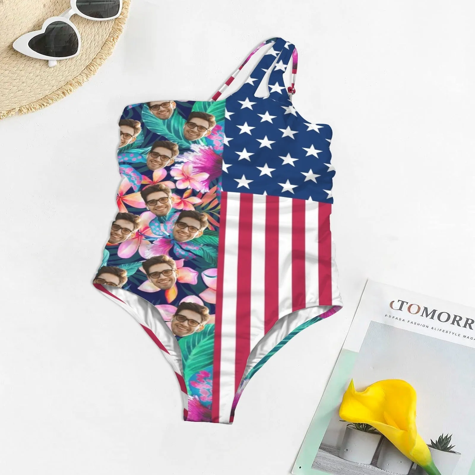 Custom Face Tropical Leaves American Flag Style Women's One Shoulder Keyhole One Piece Swimsuit Custom Picture Bathing Suit