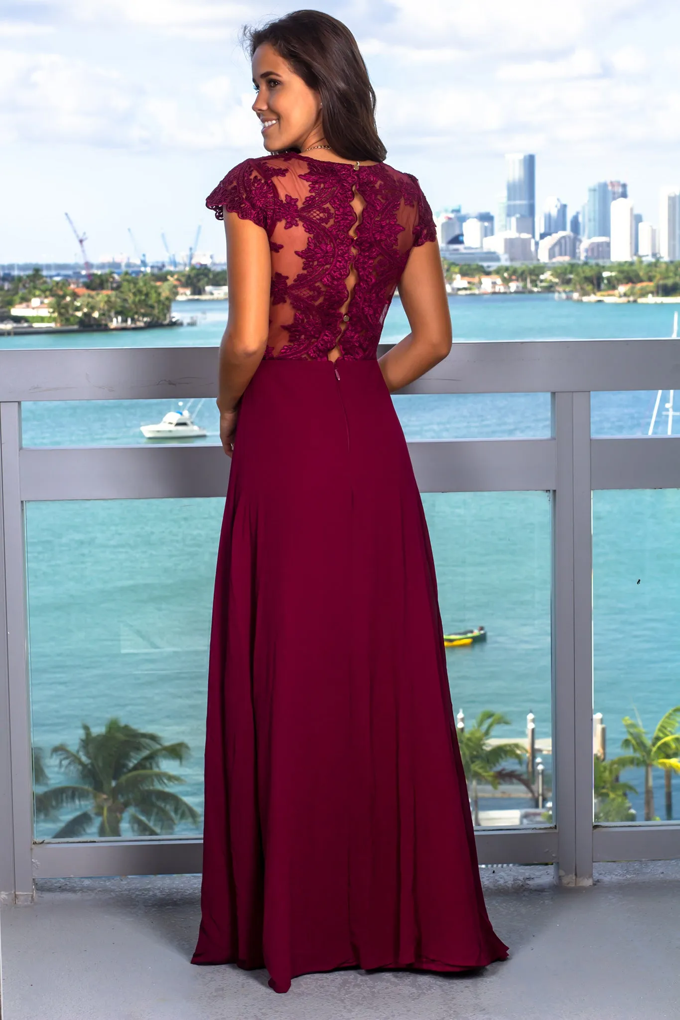 Deep Berry Maxi Dress with Embroidered Top and Slit