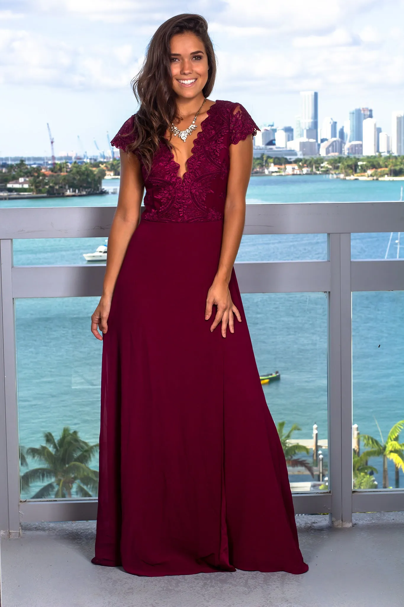 Deep Berry Maxi Dress with Embroidered Top and Slit