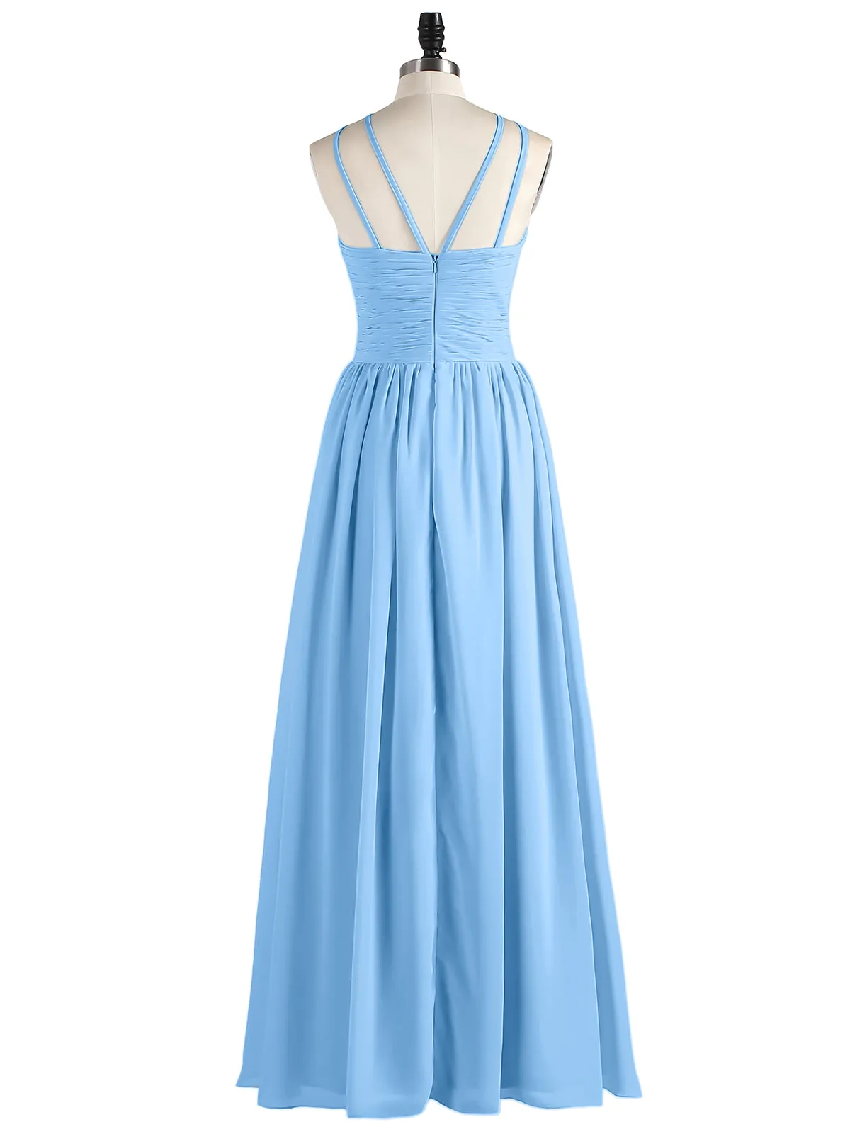 Double Strap Halter Long Chiffon Gowns-Blue