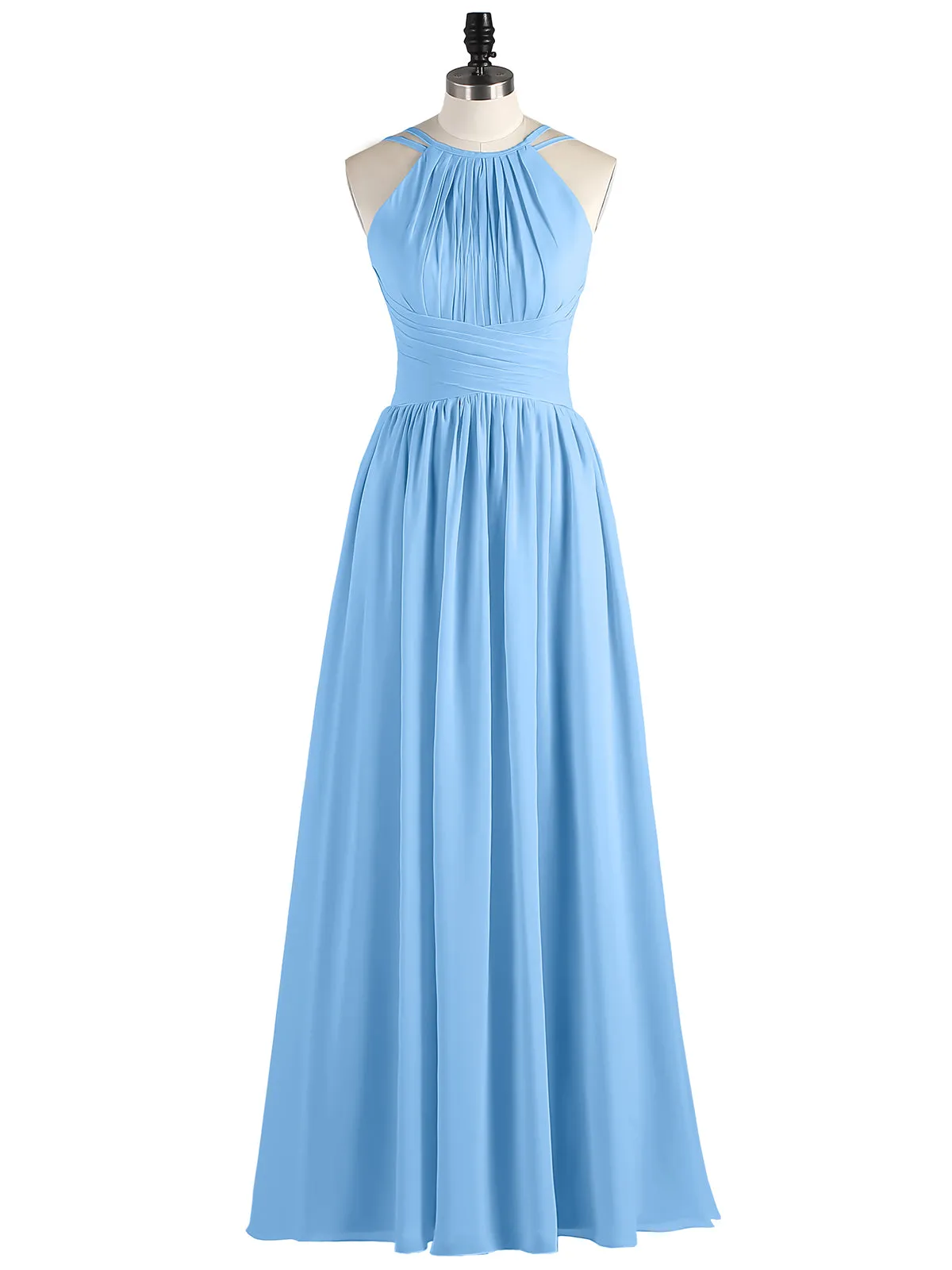 Double Strap Halter Long Chiffon Gowns-Blue