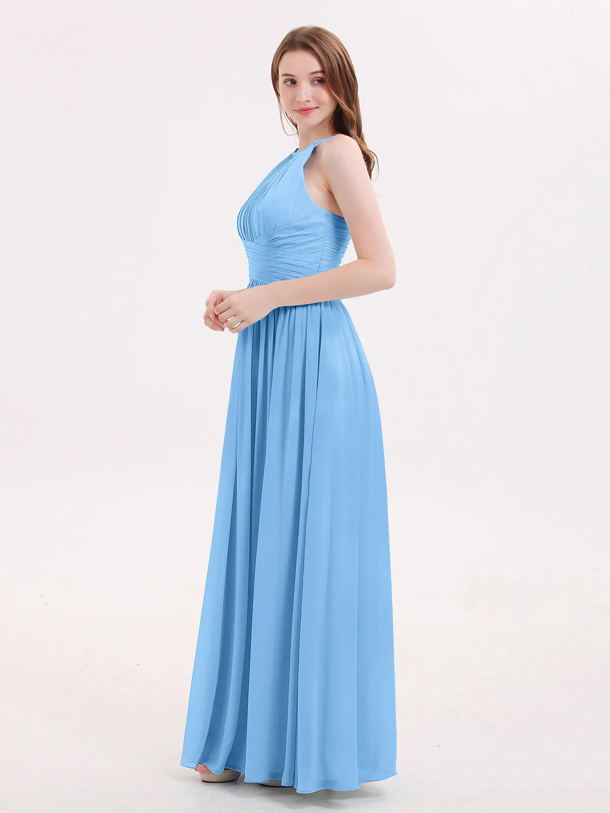 Double Strap Halter Long Chiffon Gowns-Blue