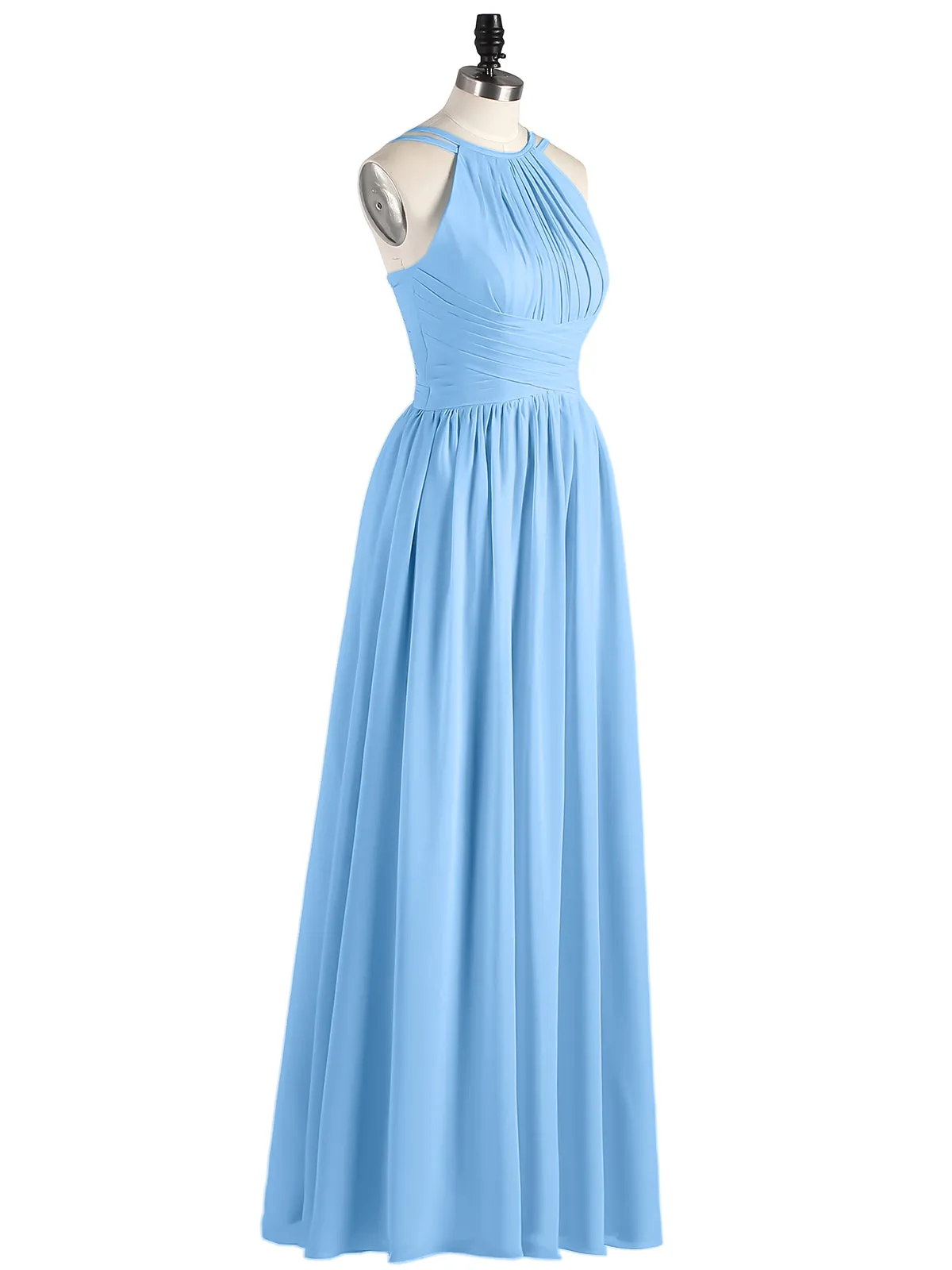 Double Strap Halter Long Chiffon Gowns-Blue
