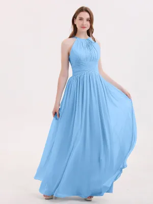 Double Strap Halter Long Chiffon Gowns-Blue