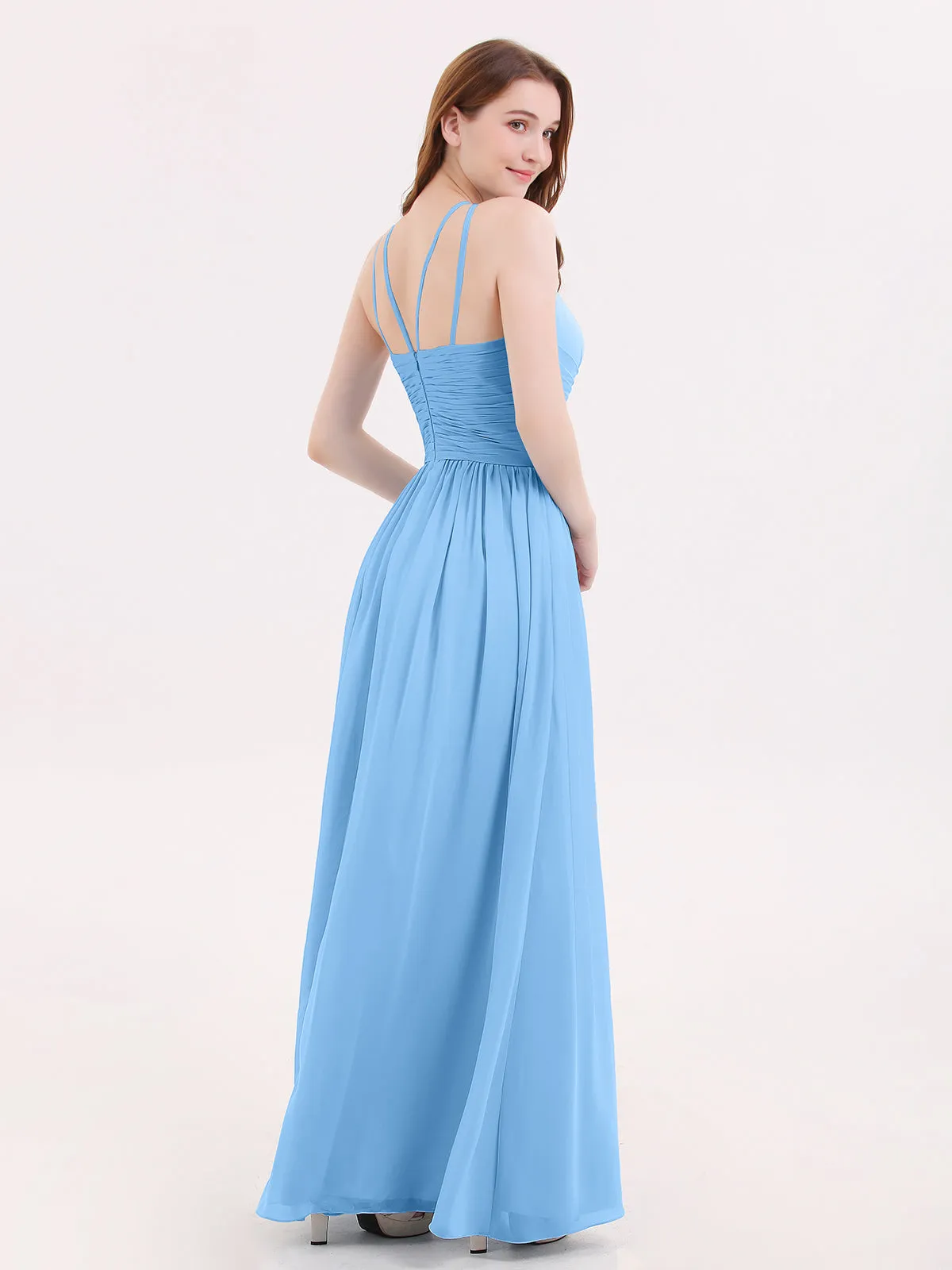 Double Strap Halter Long Chiffon Gowns-Blue