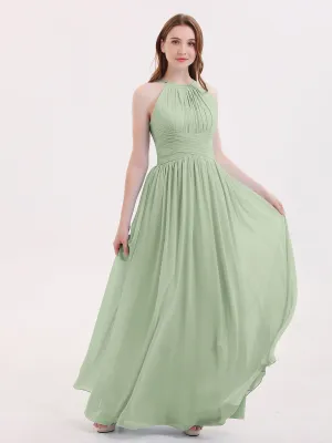 Double Strap Halter Long Chiffon Gowns-Dusty Sage