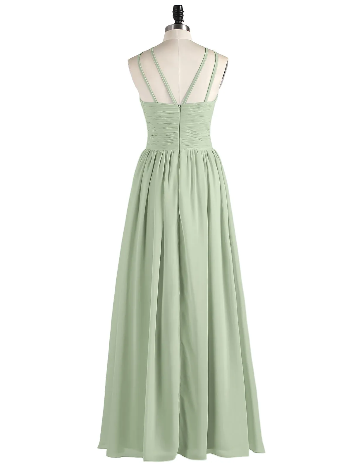 Double Strap Halter Long Chiffon Gowns-Dusty Sage