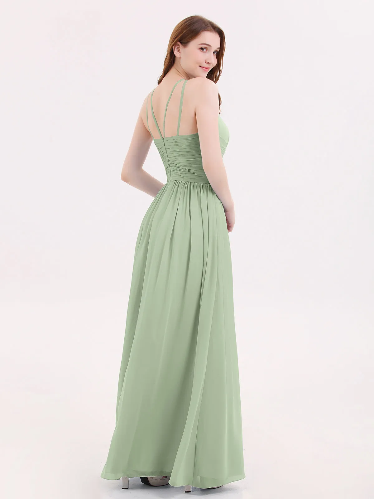 Double Strap Halter Long Chiffon Gowns-Dusty Sage