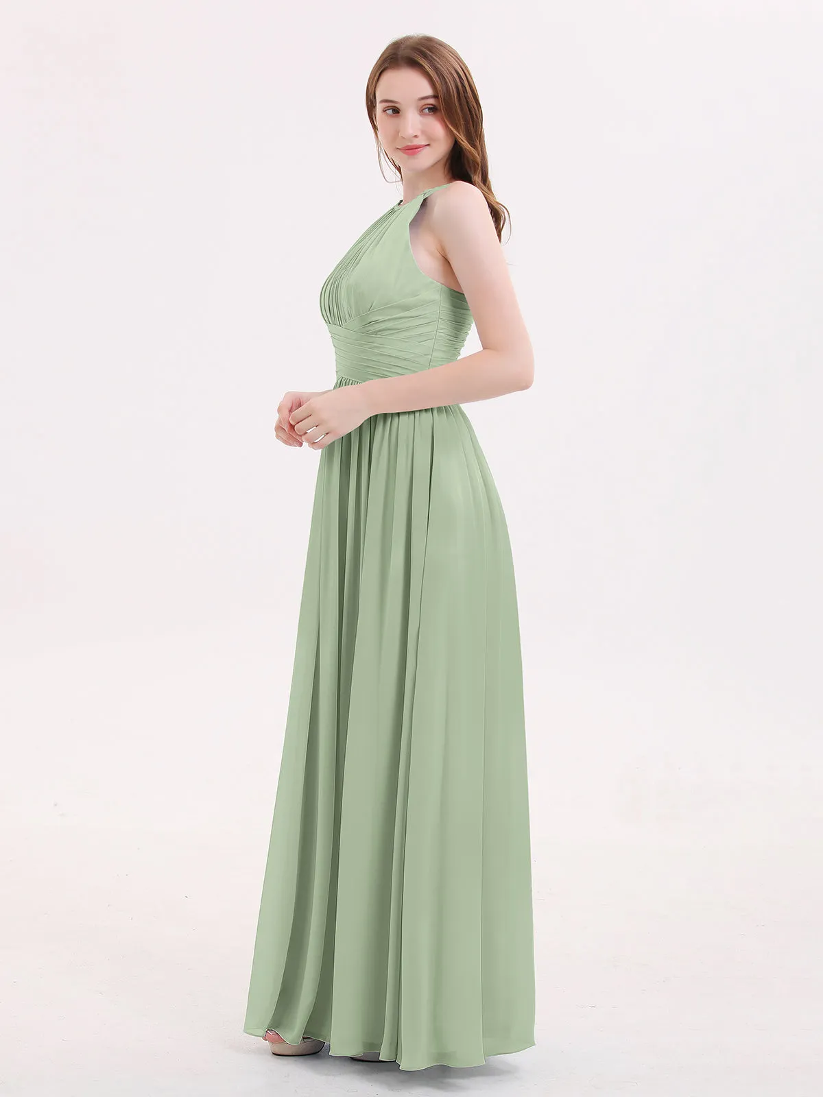 Double Strap Halter Long Chiffon Gowns-Dusty Sage