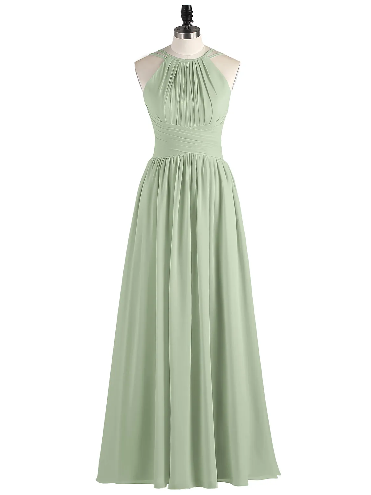 Double Strap Halter Long Chiffon Gowns-Dusty Sage
