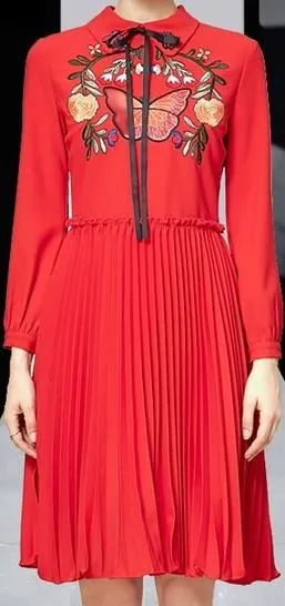 Embroidered Pleated Dress - Black or Red