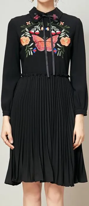 Embroidered Pleated Dress - Black or Red