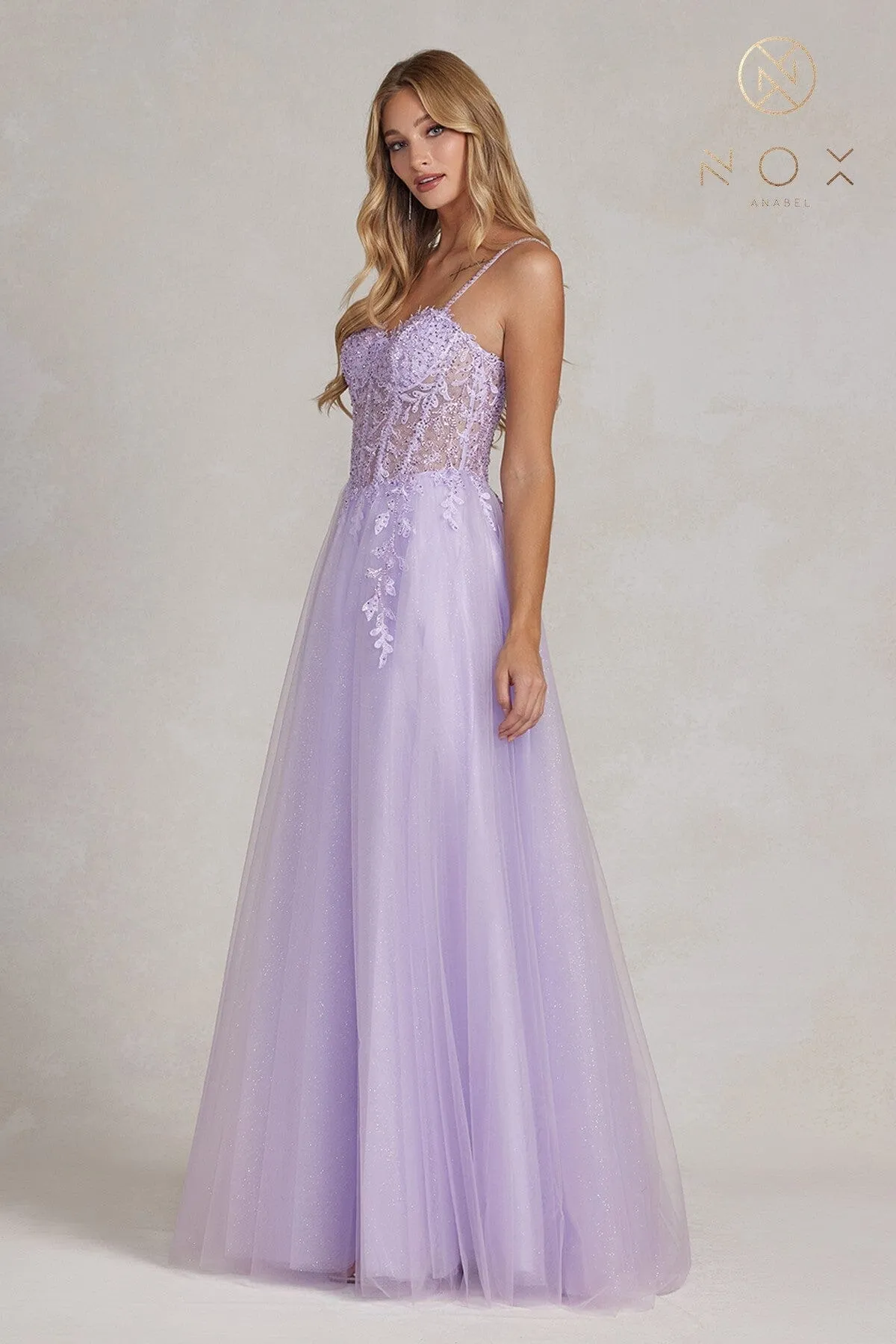 Embroidered Sweetheart Tulle Gown by Nox Anabel F1087