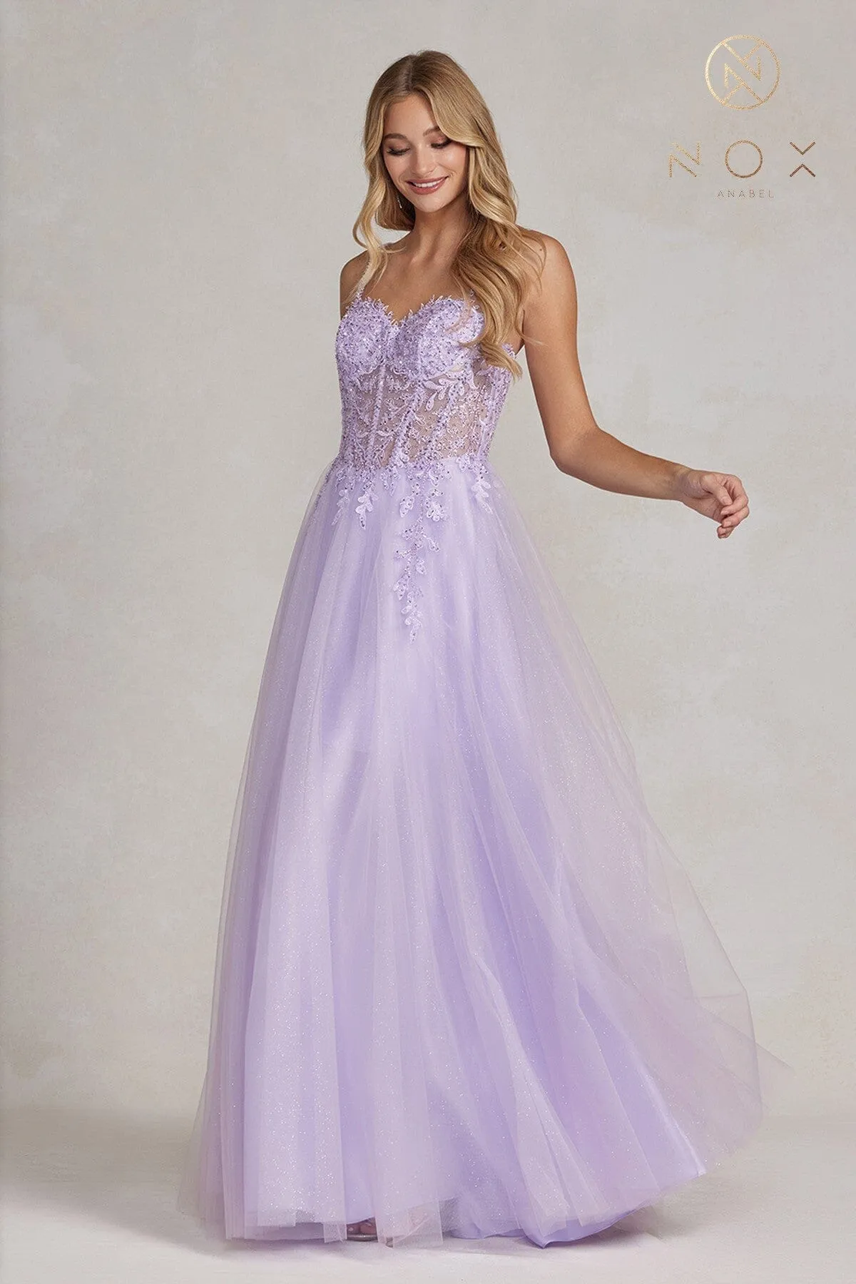Embroidered Sweetheart Tulle Gown by Nox Anabel F1087