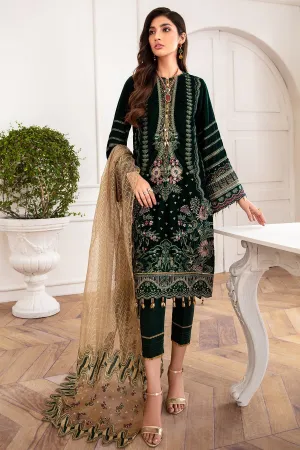 Embroidered Velvet Outfit in Green Color #Y6169