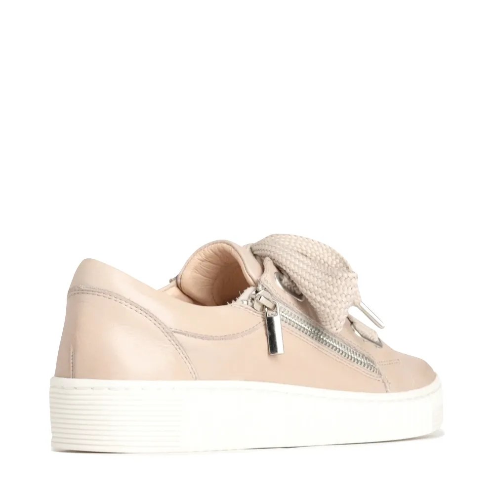 EOS Footwear Women's Jovi Leather Tie Sneaker in Stone