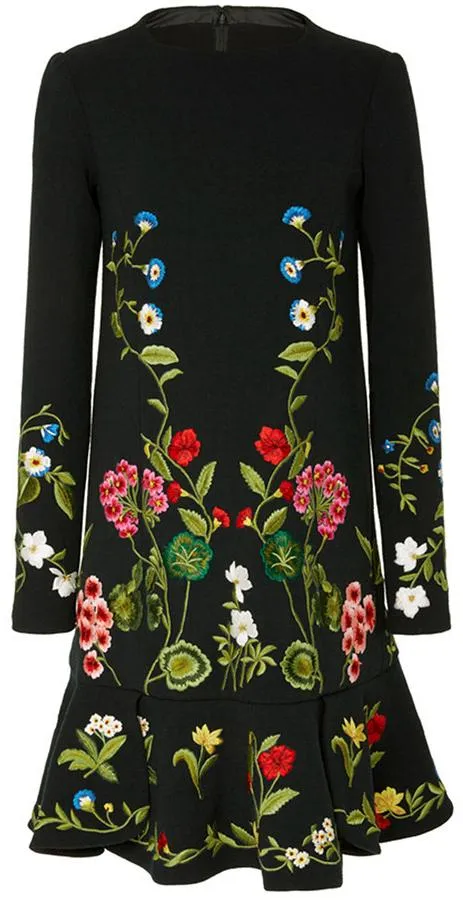 Floral-Embroidered Black Mini Dress