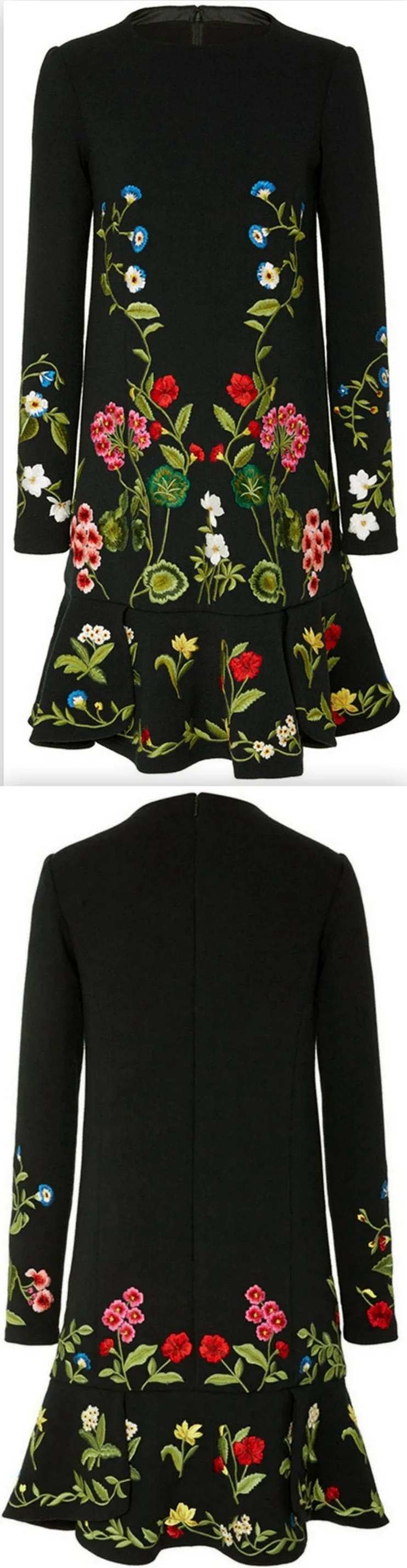 Floral-Embroidered Black Mini Dress