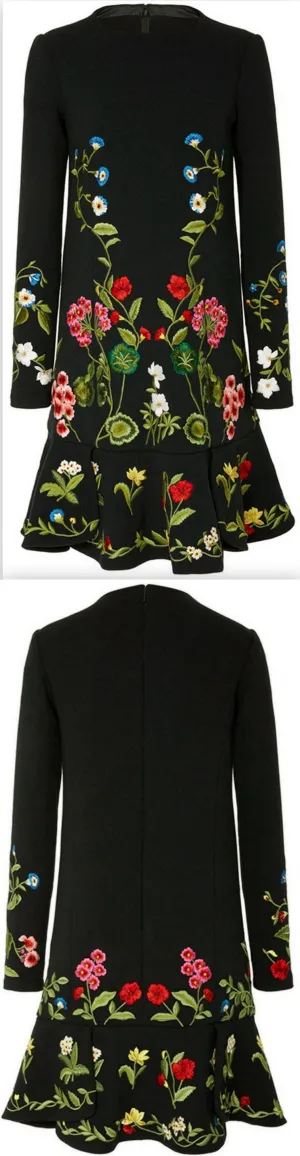 Floral-Embroidered Black Mini Dress